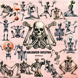 May include: A collection of 20 Halloween skeleton images in various poses, including sitting, standing, and flexing. The skeletons are depicted in a detailed, anatomical style, with a pink background. The text "HALLOWEEN SKELETON (20 Photos)" is visible.