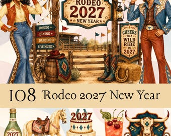 Rodeo-Neujahr 2027 Clipart-Paket, Aquarell-Western-PNGs, Cowboy-Silvesterparty (Digitaler Download)