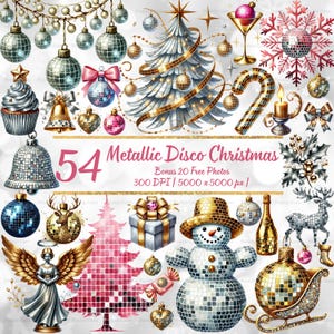 May include: A collection of metallic disco Christmas-themed illustrations. The image includes a Christmas tree, ornaments, a snowman, and other festive elements. The text "54 Metallic Disco Christmas" is visible.