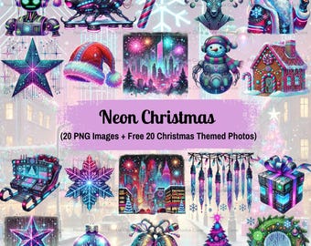 Neon Christmas Clipart Bundle: 20 Retro Glow PNGs (Digital Download)