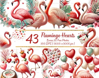 43 Flamingo Hearts Clipart Bundle – Romantic Tropical Watercolor Valentines | Digital Flamingos, Hearts & Palms |