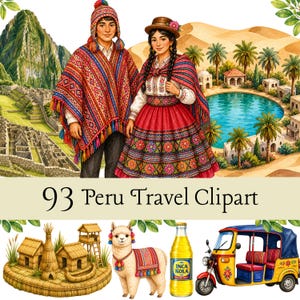 Può includere: Illustrazione ad acquerello di elementi di viaggio peruviani. Raffigura una coppia in abiti tradizionali, Machu Picchu, un lago e icone culturali. Include il testo "93 Peru Travel Clipart".