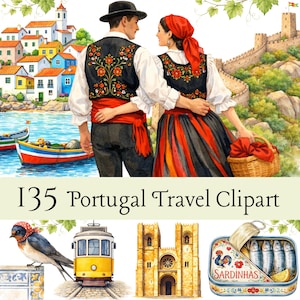 Portugal reizen clipartbundel, 135 aquarel png, tram van Lissabon, azulejotegels, sardines, mediterrane clipart