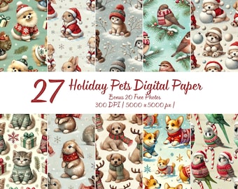 Peut inclure: Une collection de papiers numériques avec des animaux de compagnie sur le thème des fêtes. Les motifs incluent des chiens, des chats, des lapins et des oiseaux, tous vêtus de tenues de fête. Le texte indique "27 Holiday Pets Digital Paper".