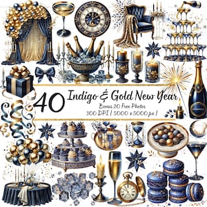 May include: An assortment of indigo and gold New Year's themed illustrations. The image includes champagne bottles, glasses, cupcakes, macarons, a clock, candles, and balloons. Text reads "40 Indigo & Gold New Year".