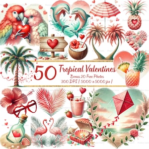 May include: A digital collage featuring tropical Valentine's Day elements. Includes parrots, dolphins, palm trees, cocktails, flamingos, and hearts. The text reads "50 Tropical Valentines". The color palette is primarily red, pink, and teal.