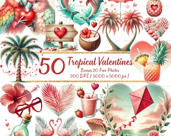 50 Tropical Valentine Clipart | Romantic Watercolor Hearts, Coconuts, Flamingos & Beach Love PNGs | Digital Download
