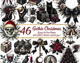46 Gothic Christmas Clipart | Gothmas Dark Holiday PNGs | Vintage Watercolor Gothic Xmas