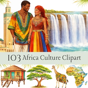 May include: Digital illustration of an African couple in traditional attire, standing before a waterfall. The man wears a yellow, green, and blue tunic. The woman wears a red top and a rainbow-colored skirt. The image includes the text "103 Africa Culture Clipart".