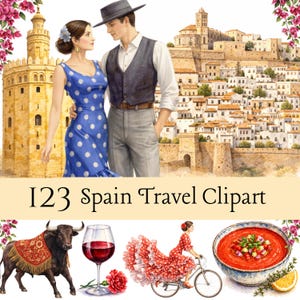 May include: Watercolor illustration of a couple in Spain, with a blue polka dot dress and a man in a vest and hat. The image includes a bull, wine glass, flamenco dancer, and gazpacho. Text reads "123 Spain Travel Clipart."