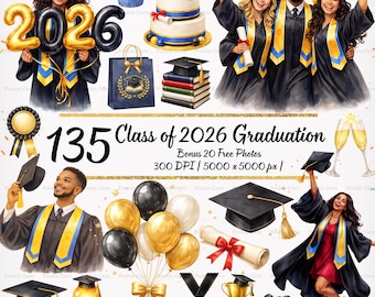 Class of 2026 Graduation Clipart, Watercolor Elements, Black Gold Graphics (Digital Download)