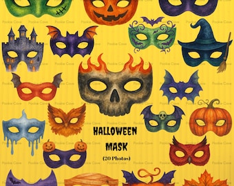 May include: A selection of Halloween masks in diverse designs, such as pumpkins, bats, and skulls. The masks are in shades of green, orange, purple, and brown. The words "HALLOWEEN MASK" are displayed in the centre of the image.