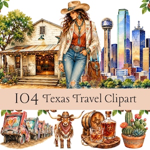 Könnte beinhalten: Aquarellillustration einer Frau mit Cowboyhut und Fransenjacke, vor einem Haus im Texas-Stil und einer Stadtlandschaft. Das Bild enthält den Text "104 Texas Travel Clipart" und verschiedene Elemente zum Thema Texas.