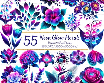 Neon Floral Clipart Bundle: Watercolor Flowers PNG (Digital Download)