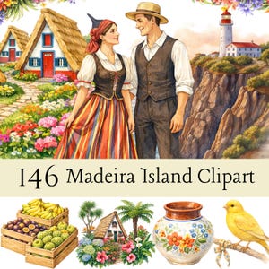 Op de afbeelding: Waterverfillustratie met een stel in traditionele kleding, tegen een kustlandschap met een vuurtoren en huisjes. De afbeelding bevat de tekst "146 Madeira Island Clipart" en andere illustraties van fruit, bloemen en aardewerk.
