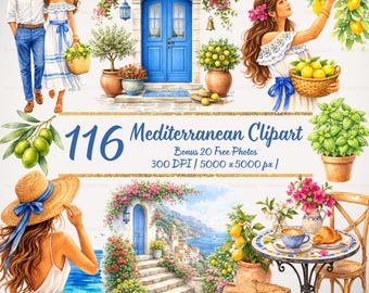 Mediterranean Watercolor Clipart Bundle, Amalfi Coast Summer Elements (Digital Download)
