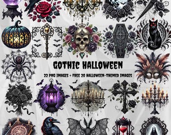 May include: A collection of Gothic Halloween-themed PNG images. The images include a crystal ball, raven, roses, chandeliers, a full moon, a spider, a key, a skull, a coffin, a black cat, a mask, a lantern, a cross, a book, a bat, and an hourglass.
