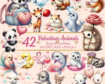 42 Valentine's Day Animal Clipart | Watercolor Love Animals PNG | Romantic Woodland Creatures