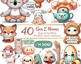 May include: A collection of cartoon Gen Z memes featuring various animals and objects. The image includes a koala meditating, a pig, a teapot, a cat, a fox, a cow, a duck, a banana, and a phone. Text includes "Drama Alert" and "I'm Done."