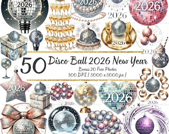 50 Disco Ball 2026 Watercolor Collection – New Year Celebration Art | Transparent Digital Download