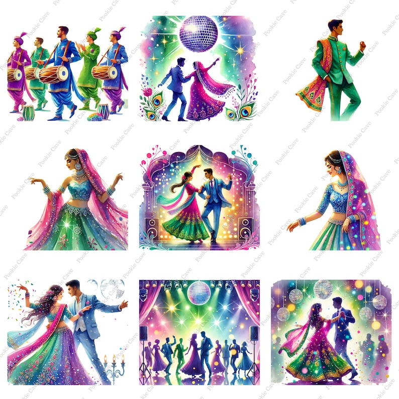 Watercolor Indian Wedding Sangeet Clipart | Bollywood Dance