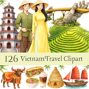 May include: Watercolour illustration of Vietnamese travel elements. Includes a couple in traditional attire, a pagoda, terraced rice fields, a golden bridge held by a stone hand, a water buffalo, food, a conical hat, and a boat. Text: I26 Vietnam Travel Clipart.