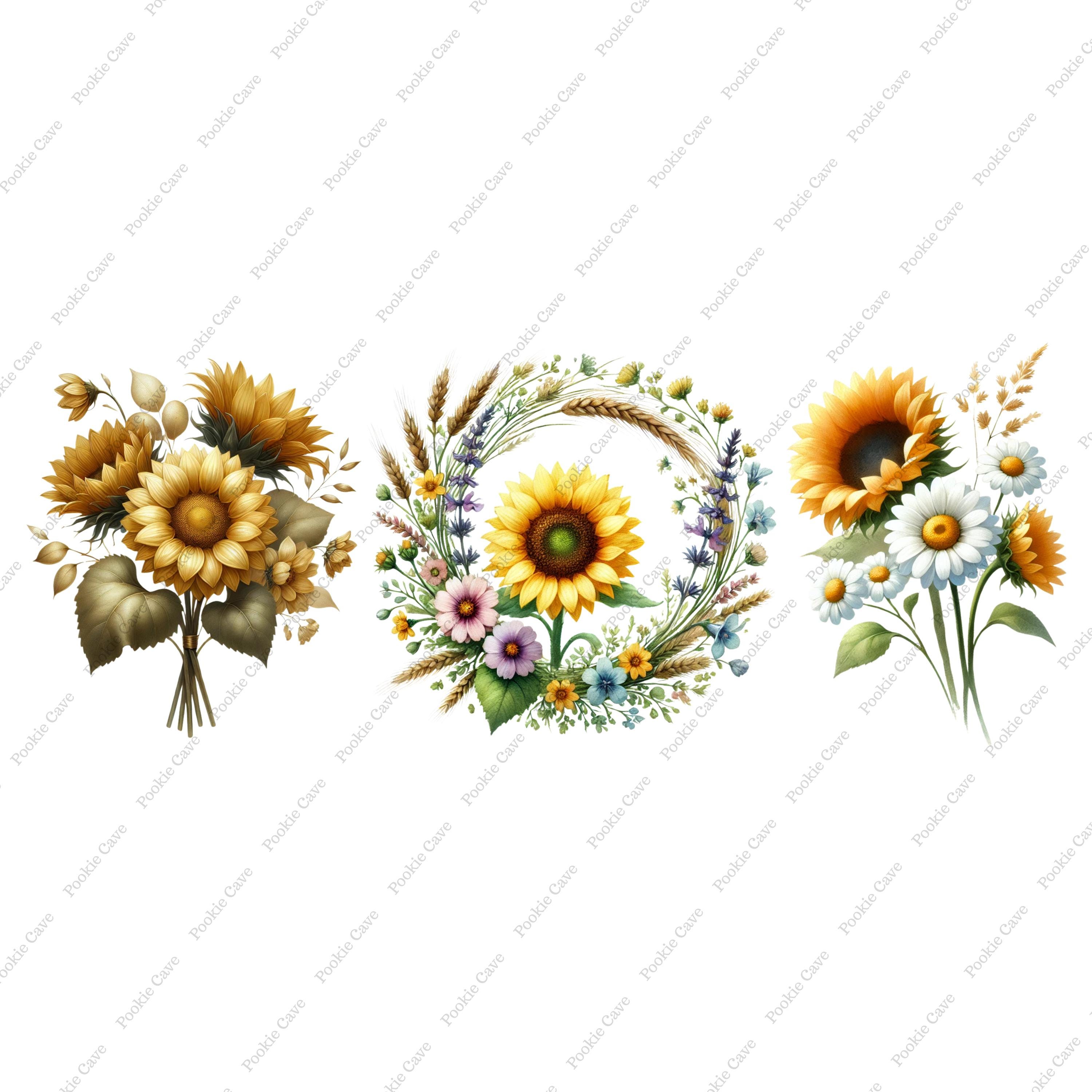 Watercolor Sunflower Clipart Bundle: Golden Floral PNG (digital ...