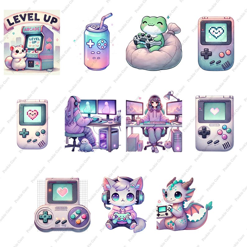 Watercolor Gamer Clipart Bundle | Cozy Gaming PNG Set (digital Download ...