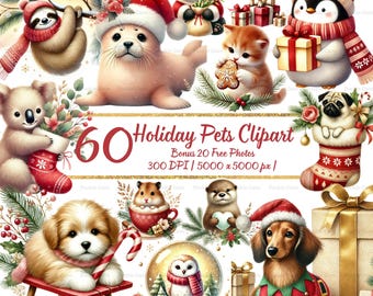 Holiday Pets Watercolor Clipart Bundle: Christmas Animals PNG (Digital Download)