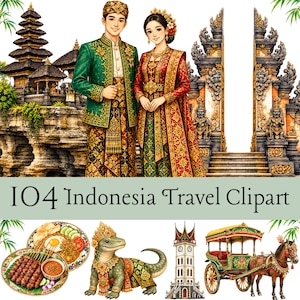 Op de afbeelding: Een digitale illustratieset getiteld 104 Indonesia Travel Clipart met een koppel in traditionele kleding, een Balinese tempel, een bord saté, een Komodovaraan, een klokkentoren en een paardenkoets met groene en gouden accenten.