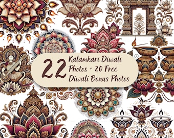 Könnte beinhalten: Eine Sammlung von Kalamkari Diwali-Fotos mit aufwendigen Blumen- und Mandala-Designs in Rot-, Braun- und Goldtönen. Das Bild enthält dekorative Elemente wie Lotusblumen, Torbögen und Öllampen, mit dem Text "22 Kalamkari Diwali Photos + 20 Free Diwali Bonus Photos."