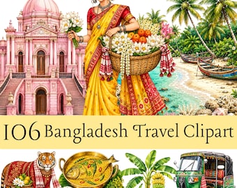以下が含まれることがあります： 106 Bangladesh Travel Clipartというタイトルのデジタルイラストセット。黄色と赤のサリーを着た人物、花かご、ピンクの宮殿、ボートのあるビーチ、トラ、魚料理、バナナの木、緑色のオートリキシャが描かれています。
