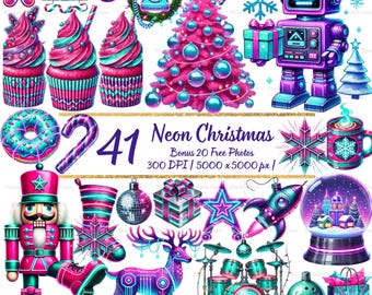 May include: A collection of neon Christmas-themed illustrations in pink, teal, and purple. The image includes a Christmas tree, ornaments, cupcakes, a robot, a nutcracker, and the text "41 Neon Christmas".