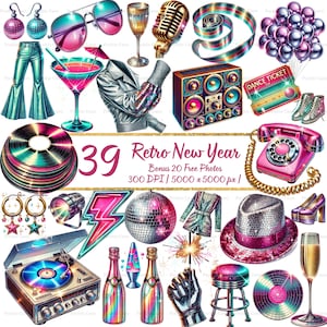 Op de afbeelding: Een digitale illustratie met een retro Nieuwjaarsthema. De afbeelding bevat een discobal, champagneflessen, een platenspeler, een vintage telefoon en de tekst "39 Retro New Year".
