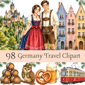 May include: Watercolor illustration of a couple in traditional German attire, with a castle and colorful buildings in the background. The image includes barrels, an owl, a pretzel, a beer stein, and a red tram. Text reads "98 Germany Travel Clipart."