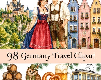Watercolor Germany Travel Clipart Bundle, Landmarks, Map, Castle, Gate (Digital Download)