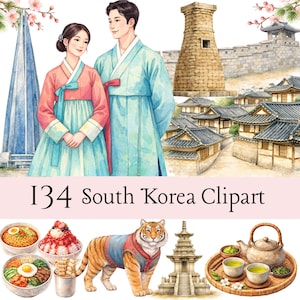 Paquete de imágenes prediseñadas de Corea del Sur: Comida, cultura y viajes de K-Pop en acuarela (descarga digital)