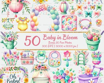 Baby in Bloom Clipart • Pastel Floral Nursery Graphics (PNG)
