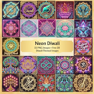 Op de afbeelding: Een verzameling van 22 afbeeldingen in neonstijl met het thema Diwali. Elke vierkante afbeelding toont levendige kleuren en ingewikkelde ontwerpen, waaronder mandala's, lampen en de tekst "Happy Diwali" en "Festival of Lights".
