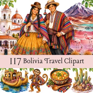 Puede incluir: Ilustración en acuarela titulada "II7 Bolivia Travel Clipart" que presenta a una pareja con vestimenta tradicional boliviana, un lago rosa con flamencos y otros elementos culturales bolivianos. La imagen incluye una iglesia, un barco, un mono, un cuenco de sopa y cactus.