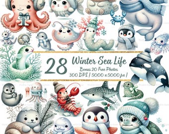 May include: A collection of watercolor illustrations featuring various winter-themed sea creatures. The image includes an octopus, fish, seals, a whale, a penguin, and a turtle, all wearing winter accessories. Text reads "28 Winter Sea Life".