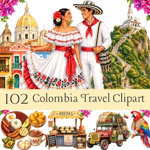Puede incluir: Ilustración en acuarela de una pareja con vestimenta tradicional colombiana, con un fondo de edificios coloridos y una montaña con una iglesia. Incluye un puesto de comida, un jeep y un loro. Texto: I02 Colombia Travel Clipart.