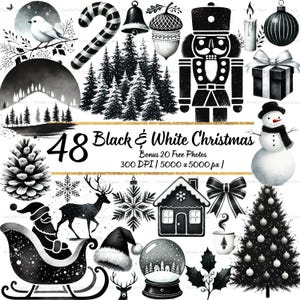 May include: A collection of black and white Christmas-themed illustrations. Includes a nutcracker, snowman, Christmas tree, ornaments, a sleigh with Santa, a snow globe, and other festive elements. The text reads "48 Black & White Christmas".