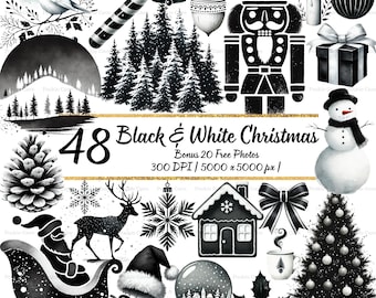 Schwarzweißes Weihnachtsclipart-Bundle | Aquarell PNG