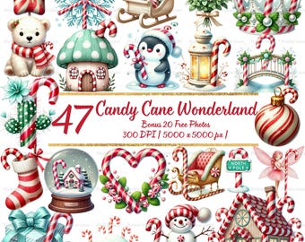 Candy Cane Wonderland Christmas Clipart Bundle – 47 Watercolor PNGs | Red & White Holiday Candy