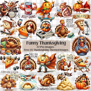 May include: A collection of whimsical Thanksgiving-themed PNG images. The illustrations feature anthropomorphic turkeys, pumpkins, and pie slices engaged in various activities, with text like "Funny Thanksgiving" and "Jelly Gains".