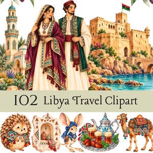Pode incluir: Um conjunto de ilustrações digitais intitulado 102 Libya Travel Clipart apresentando um casal em trajes tradicionais, uma fortaleza de pedra, um ouriço, um jerboa, um conjunto de chá com copos e um camelo, decorados com padrões geométricos.