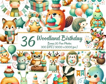 Woodland Animal Birthday Clipart – 36 Forest Party PNG Graphics (Digital Download)