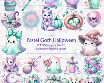May include: A collection of pastel-colored Halloween-themed digital images. The illustrations include ghosts, pumpkins, bats, a cat, a skull, a witch's hat, and a crystal ball. Text on the image reads "Pastel Goth Halloween".