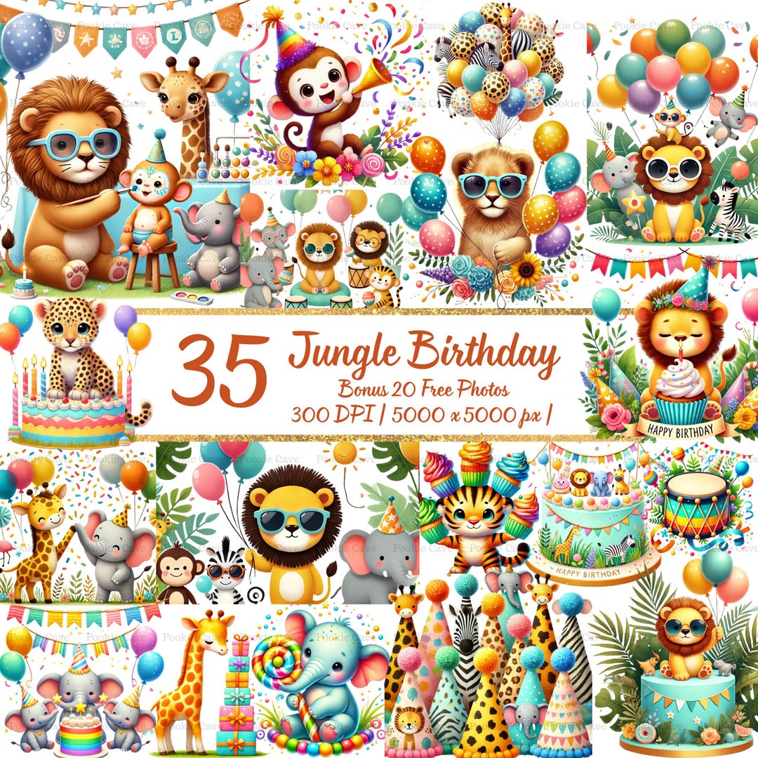 Jungle Birthday Clipart – 35 Safari Animal Party Pngs (digital Download ...